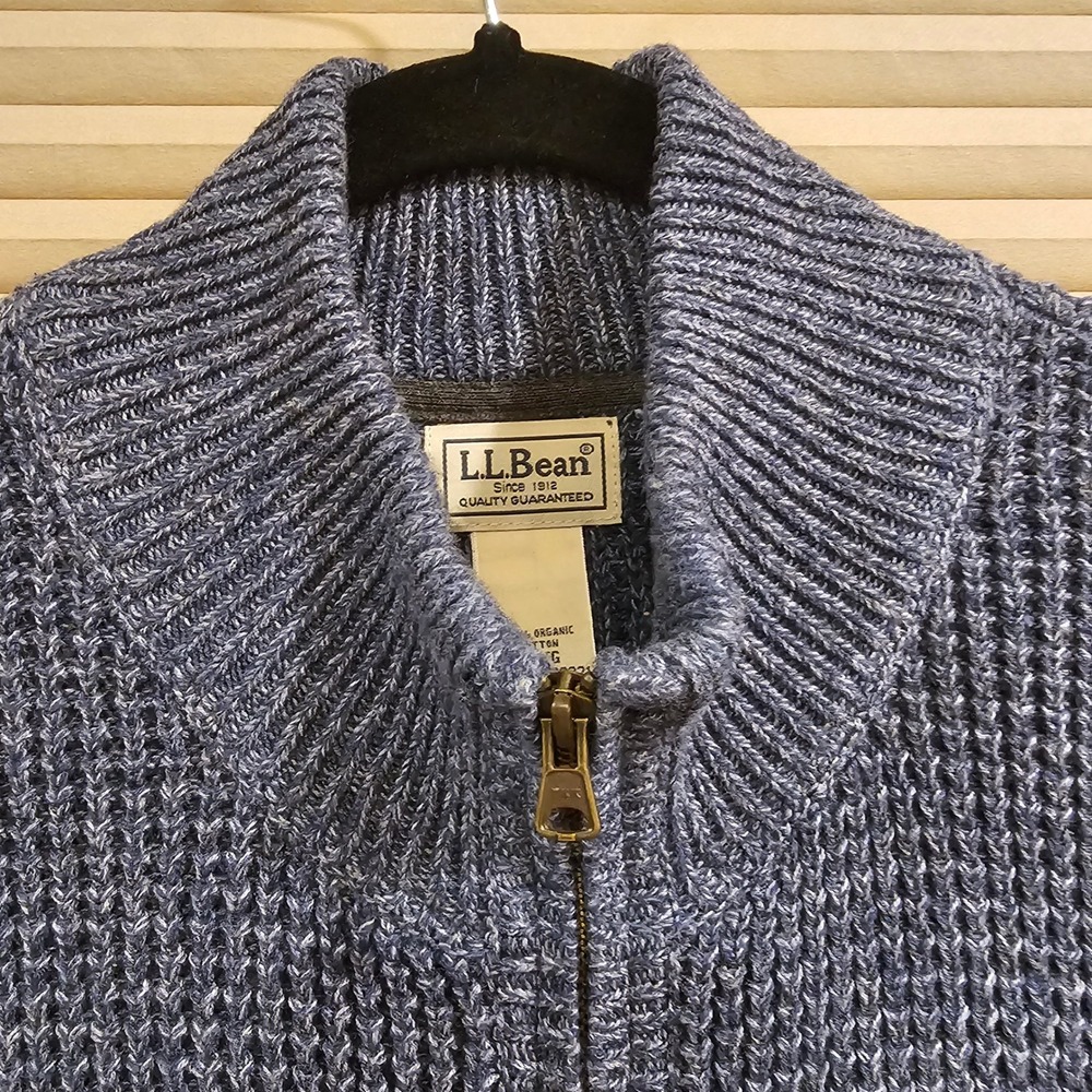 LL Bean Mens Large Organic Cotton Full Zip Waffle Knit Sweater Blue 508221 - Picture 3 of 8